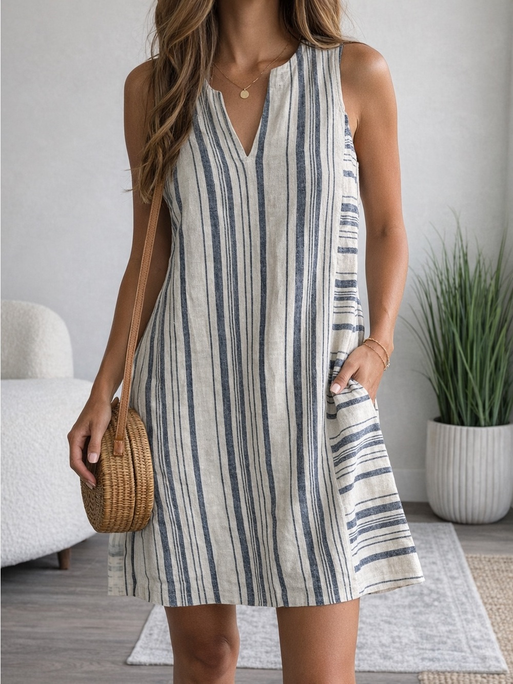 Navy & Cream Striped Linen Dress • Sleeveless Shift Sundress • Coastal Dress